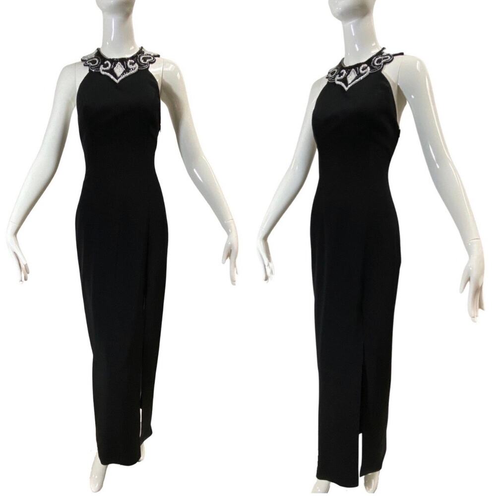 Vintage 90s NITELINE Black White Beaded Evening Gown High Slit Strapless 6